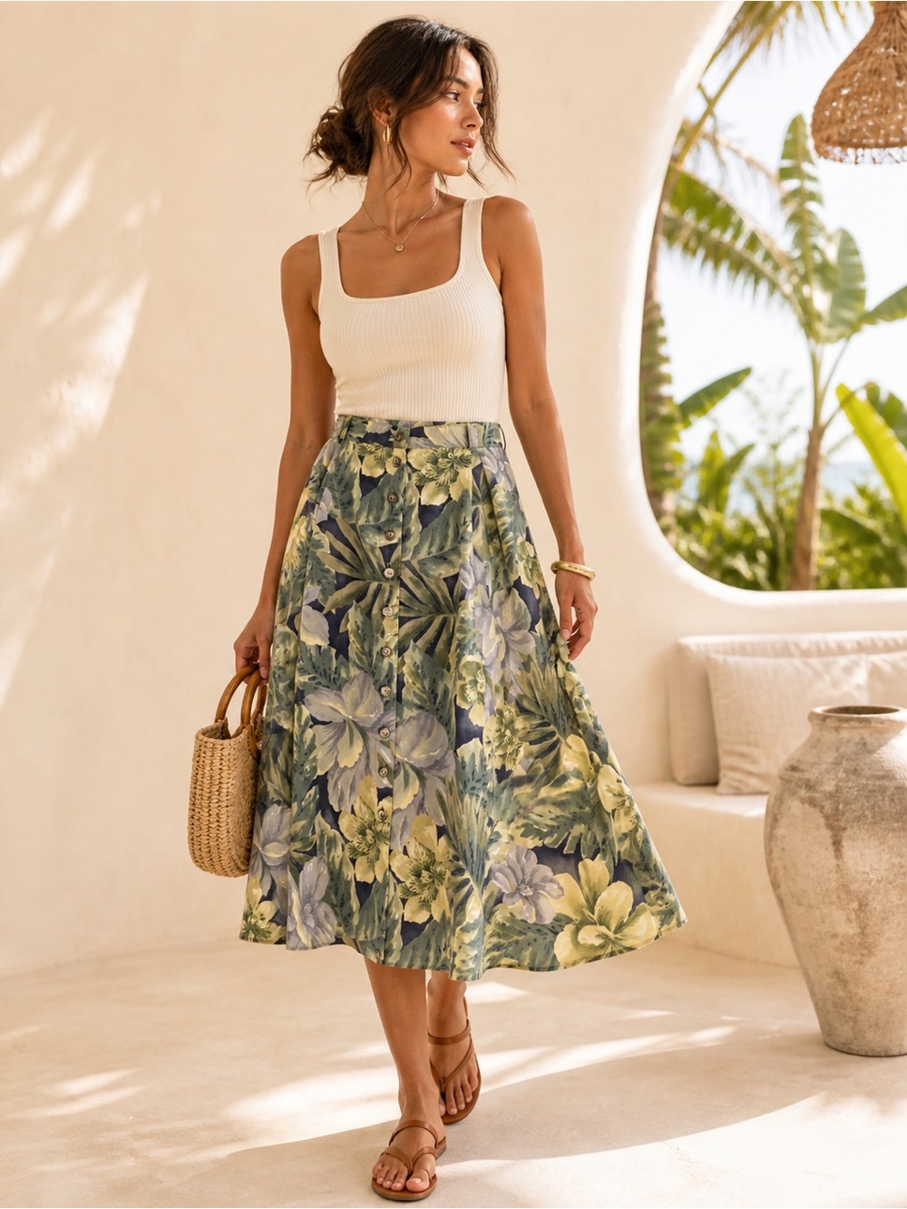Vintage Tropical Button Midi Skirt Cotton Statement Conrad C Size 16